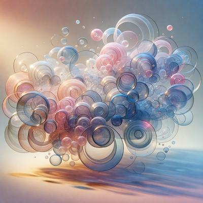 The primary subject of the image is a large, colorful, and abstract artwork. The setting is a white background, which provides a clean and minimalist appearance. The visual style is a combination of digital art and illustration, creating a unique and eye-catching piece. The colors and mood of the artwork are vibrant and lively, with a focus on pink and blue hues. The artwork appears to be a representation of a bubble, adding a sense of depth and movement to the composition.